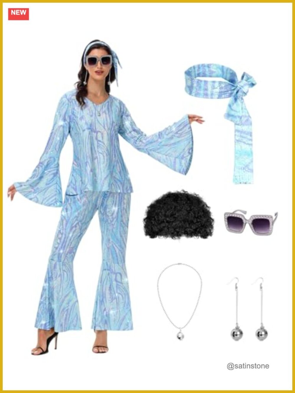 70s Disco Costume Set Sequin Top Bell Bottoms Polyester Spandex with Wig